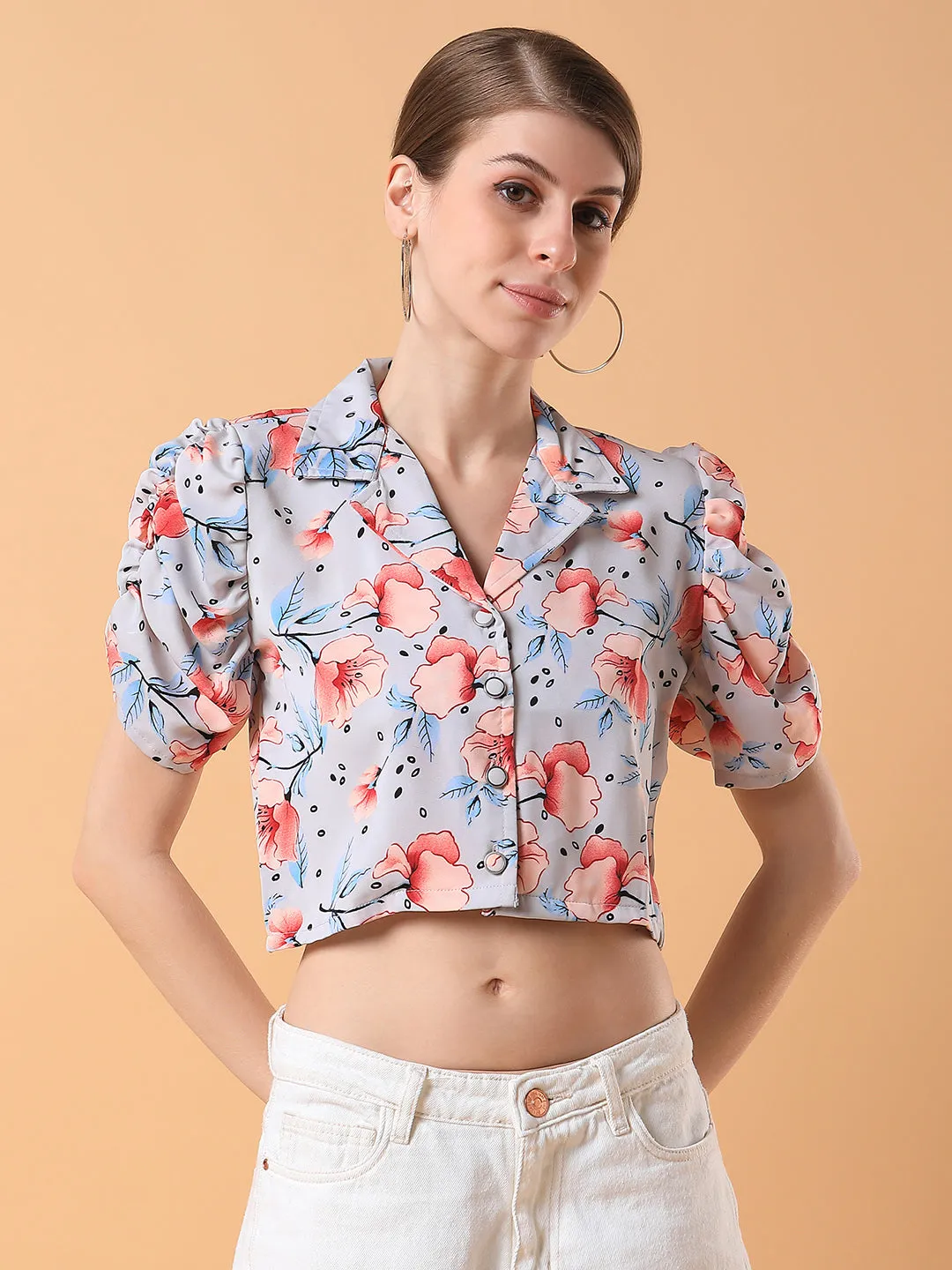 Women Floral Grey Blouson Crop Top