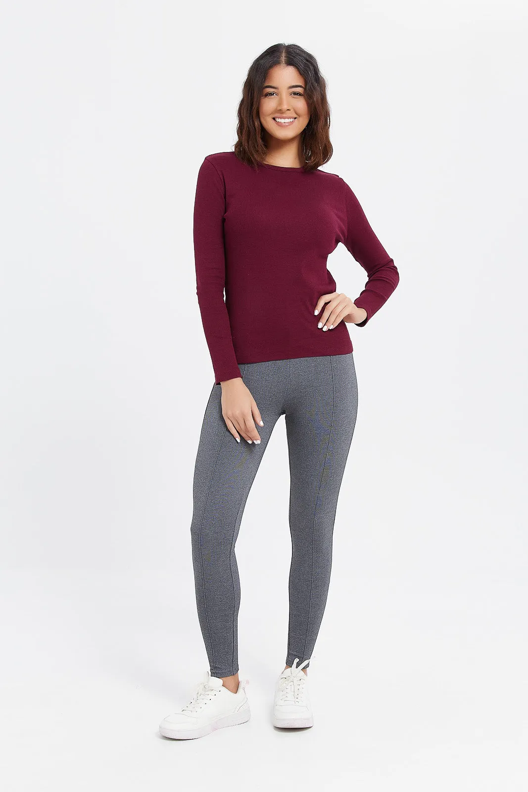 Women Grey Ponte Leggings With Front Pleat