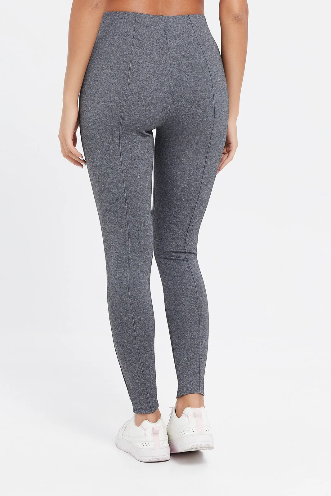 Women Grey Ponte Leggings With Front Pleat