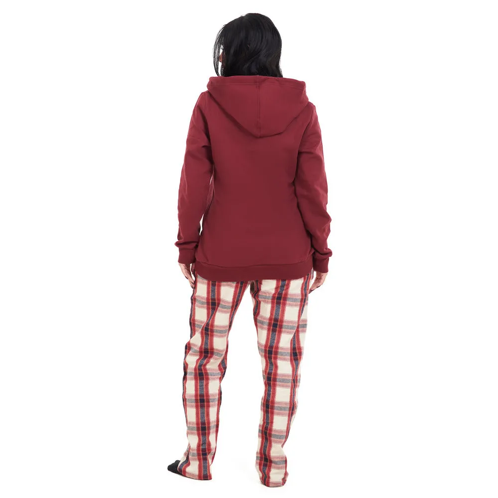 Women Winter Pajama Set Dark Red Hoodie   Dark Red x White Checkered Pants