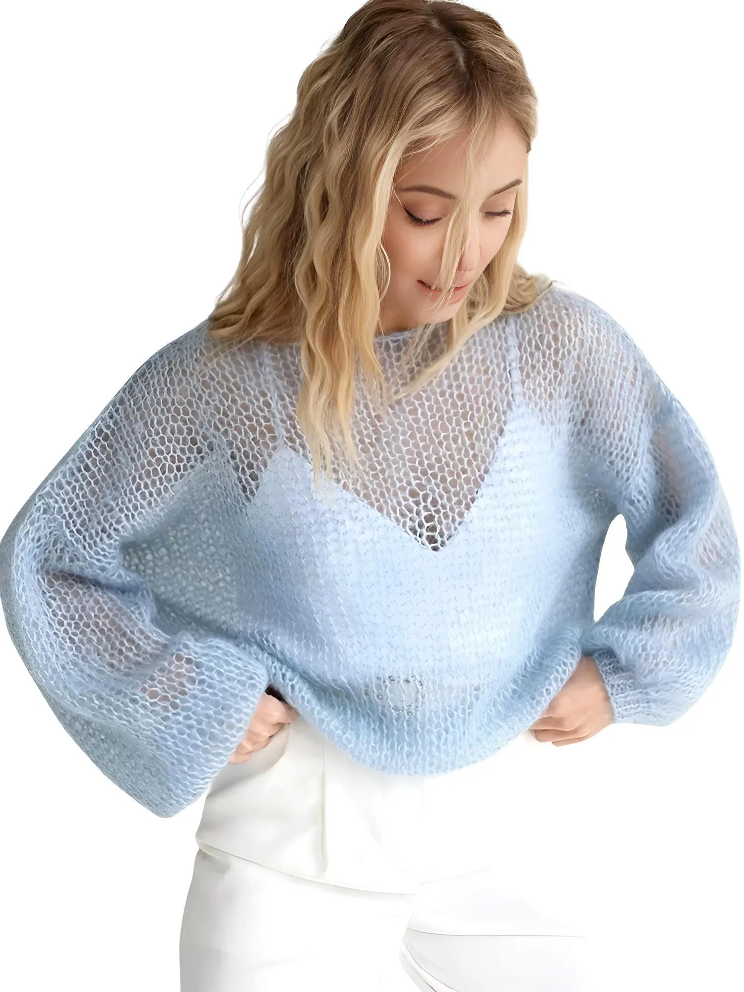 Women's See Through Sweaters Lady Hollow out Mesh Thin Pullover Sweaters Lantern Sleeve Loose Tops Smock