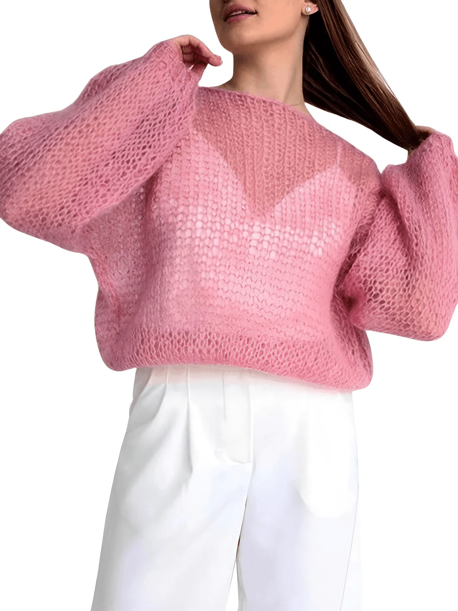 Women's See Through Sweaters Lady Hollow out Mesh Thin Pullover Sweaters Lantern Sleeve Loose Tops Smock