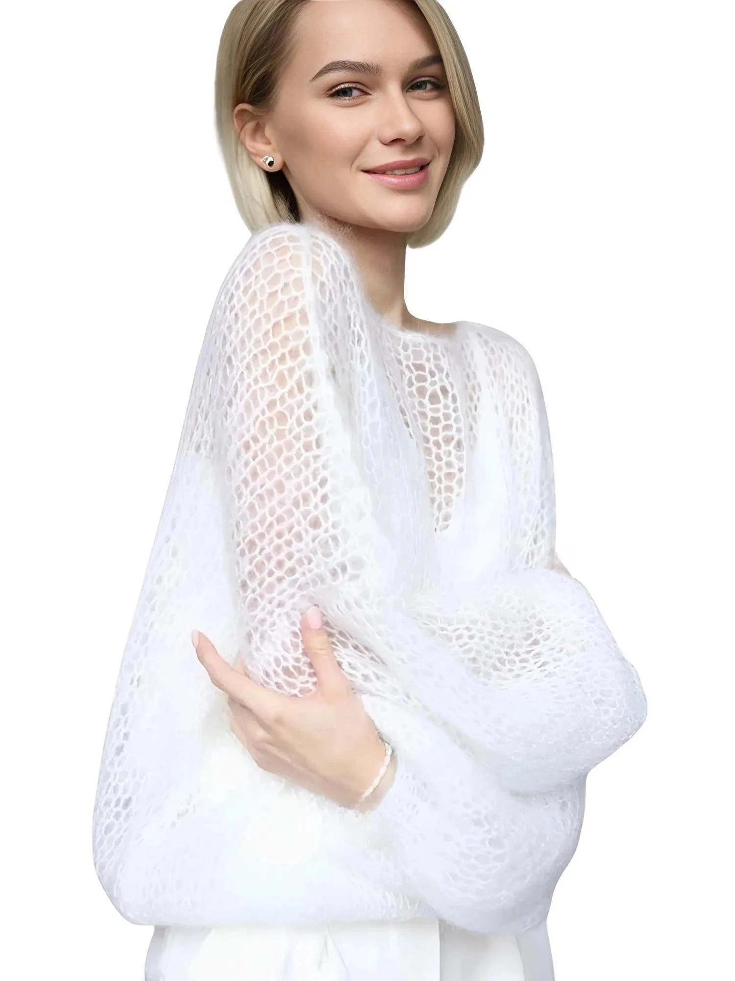 Women's See Through Sweaters Lady Hollow out Mesh Thin Pullover Sweaters Lantern Sleeve Loose Tops Smock