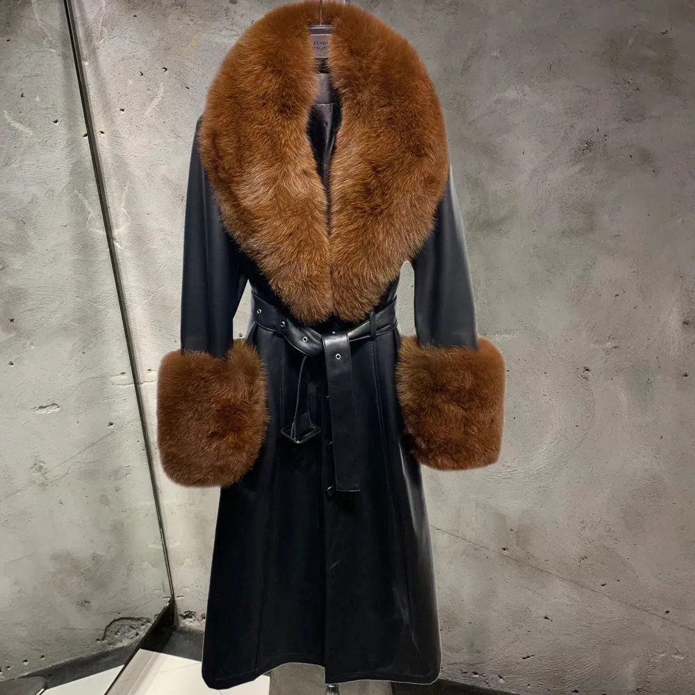 Women's Sheepskin Leather & Fox Fur Trench Coat