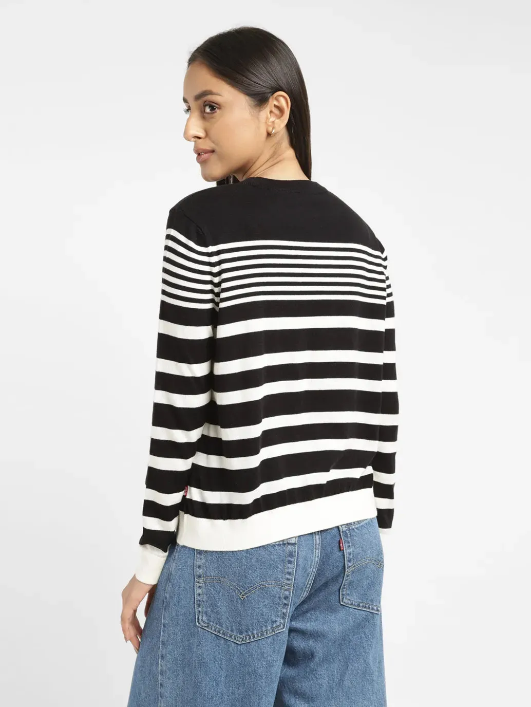 Women's Striped Black Round Neck Sweater