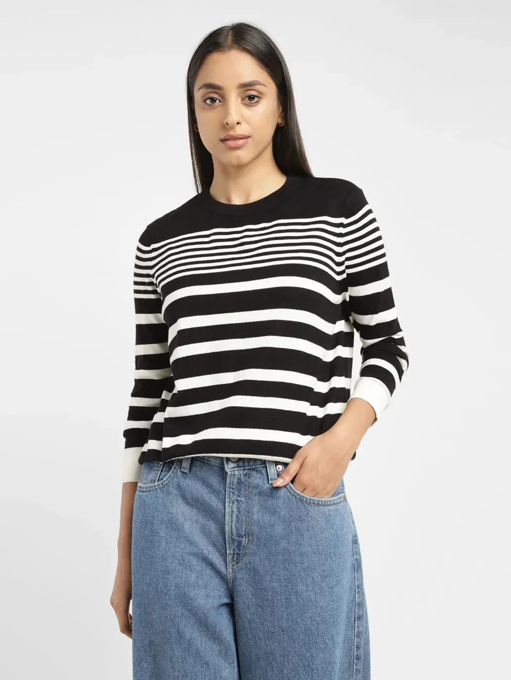 Women's Striped Black Round Neck Sweater