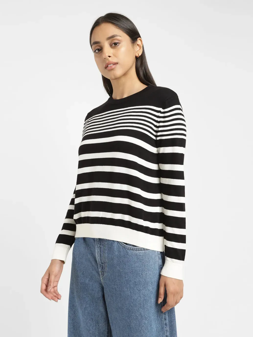 Women's Striped Black Round Neck Sweater