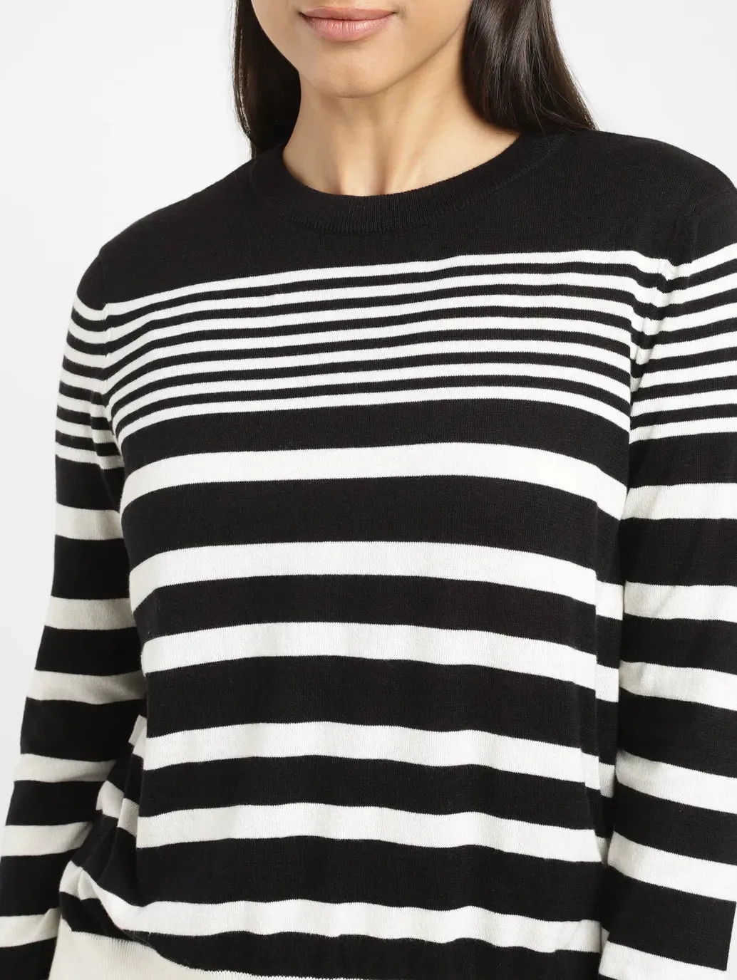 Women's Striped Black Round Neck Sweater