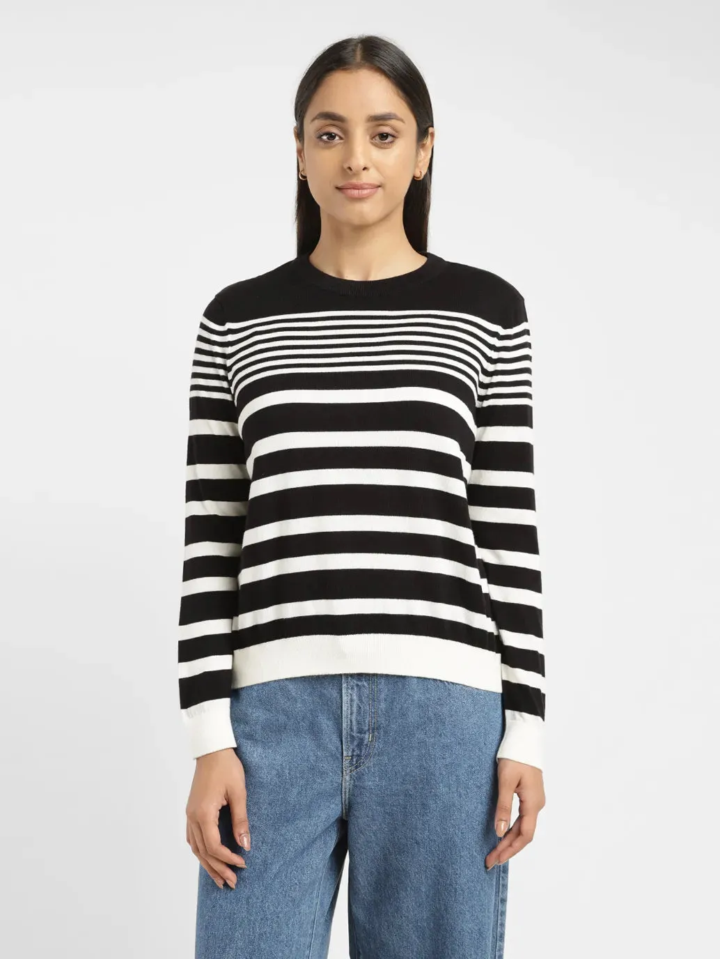 Women's Striped Black Round Neck Sweater