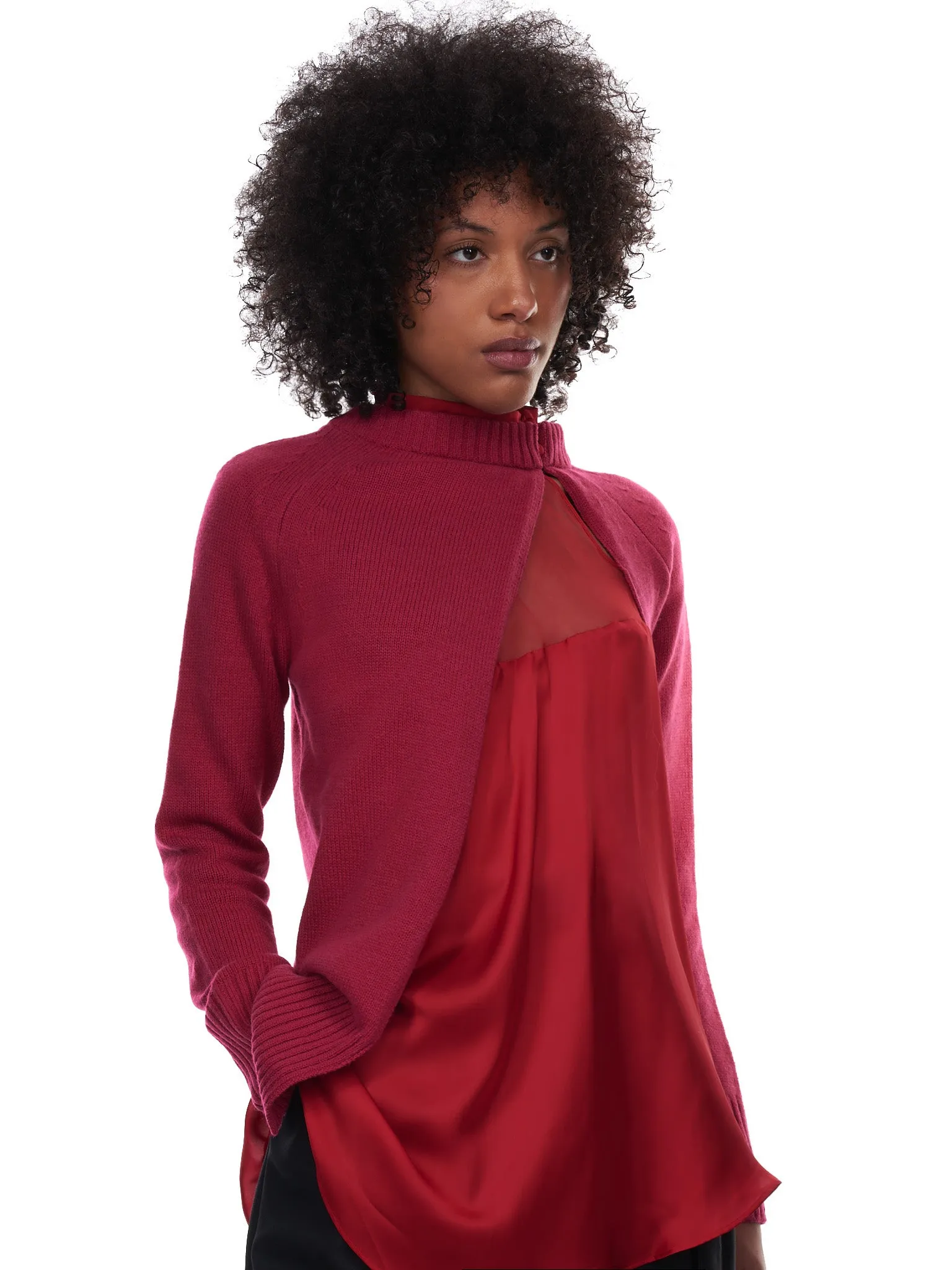 Wool Knit X Satin Sweater (21-05831-PINK-RED)